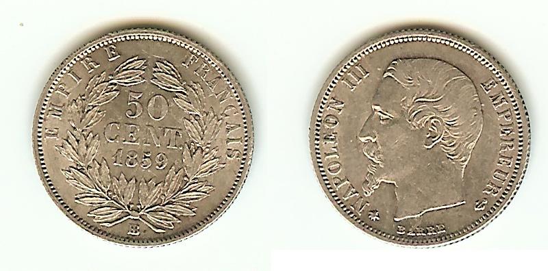 50 Centimes Napoléon 1859BB Strasbourg -SUP à -SPL